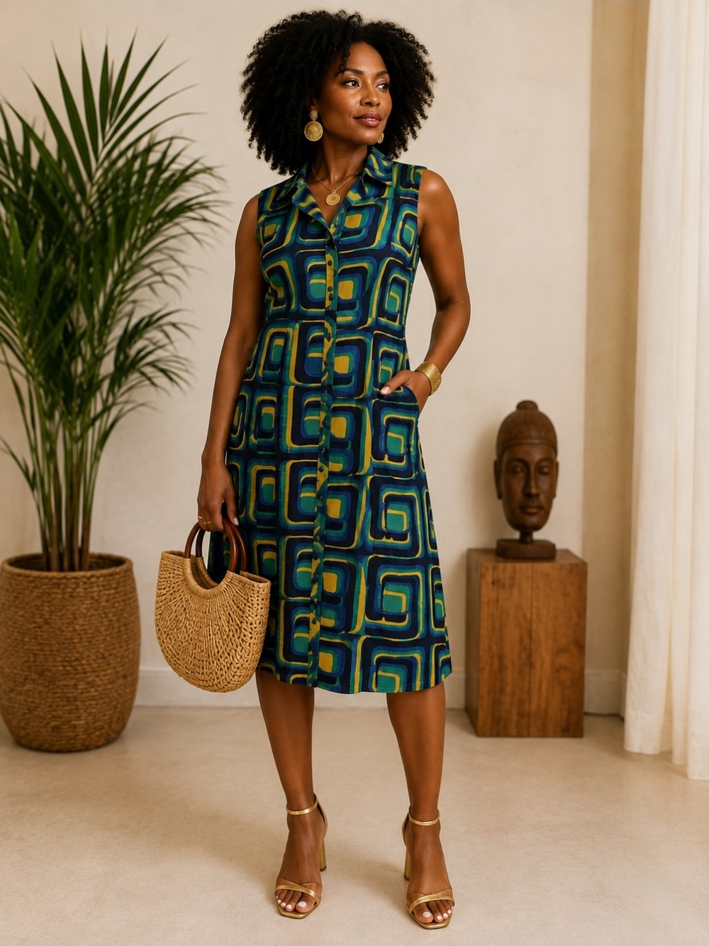 🔥 Boden Bold Retro Geometric Button-Front Midi Dress Size Large 🔥